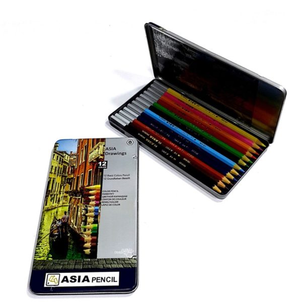 مداد رنگی 12 رنگ جعبه فلزی آسیا
