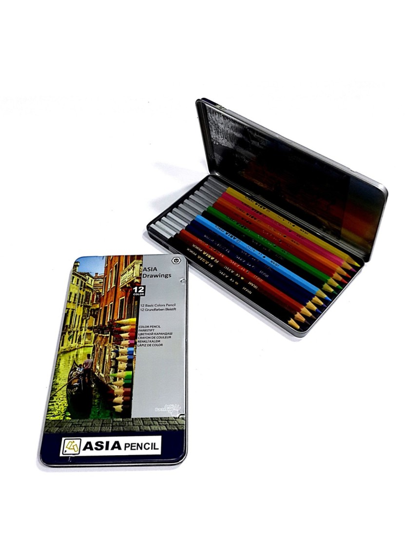 مداد رنگی 12 رنگ جعبه فلزی آسیا